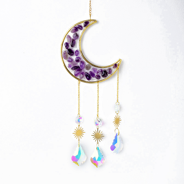 

PandaHall Natural Amethyst Chips Moon Pendant Decoration, Hanging Suncatchers, with Glass Teardrop Charm, for Home Garden Decoration, 400mm...