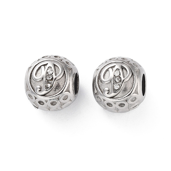

PandaHall 304 Stainless Steel Rhinestone European Beads, Round Large Hole Beads, Real 18K Gold Plated, Round with Letter, Letter P, 11x10mm..., Clear