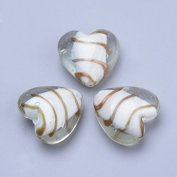 

PandaHall Handmade Gold Sand Lampwork Beads, Heart, White, 33~35x34~36x16~17mm, Hole: 2~3mm Lampwork Heart White