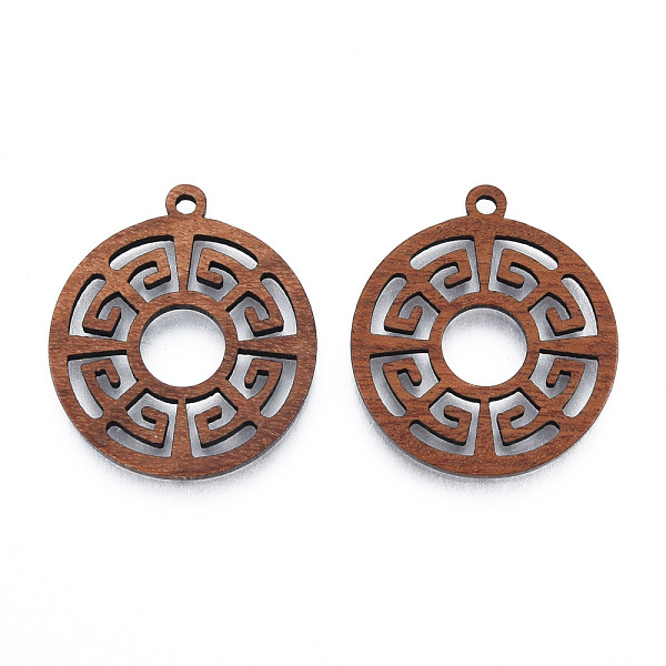 

PandaHall Chinese Style Natural Walnut Wood Pendants, Undyed, Hollow Flat Round Charm, Camel, 28x25x2.5mm, Hole: 1.8mm Wood Flat Round Brown