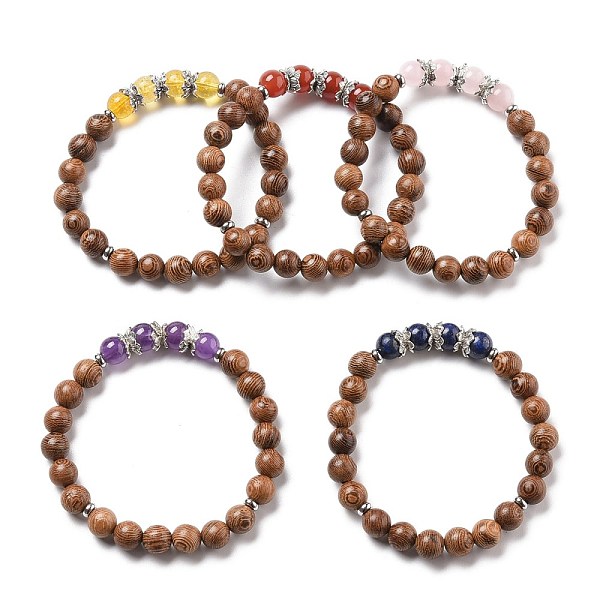 

PandaHall Stretch Bracelets, with Round Natural Gemstone Beads, Natural Wood Beads, Alloy Bead Caps and 304 Stainless Steel Spacer Beads...