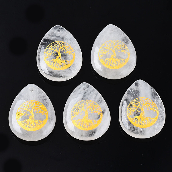 

PandaHall Natural Quartz Crystal Pendants, Rock Crystal Pendants, Teardrop with Tree of Life Pattern, 32~33.5x25~26x6.5~7.5mm, Hole: 2mm...