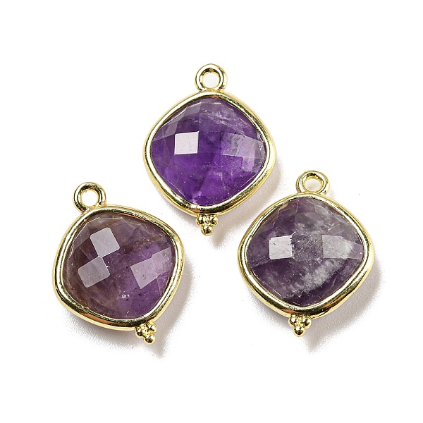 

PandaHall Natural Amethyst Pendants, Rack Plating Golden Plated Brass Faceted Rhombus Charms, 19x14.5x5.5mm, Hole: 1.6mm Amethyst Rhombus