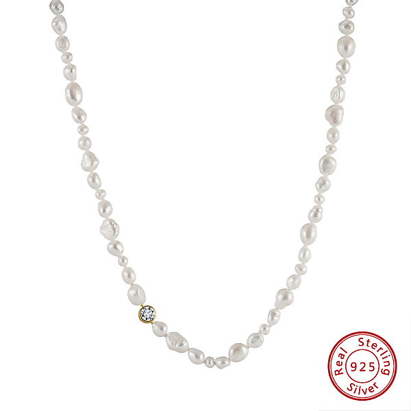 

PandaHall 925 Sterling Silver with Natural Pearls Beads Necklaces, Cubic Zirconia Necklaces, Round, Real 14K Gold Plated, 16.34 inch(41.5cm)..., White