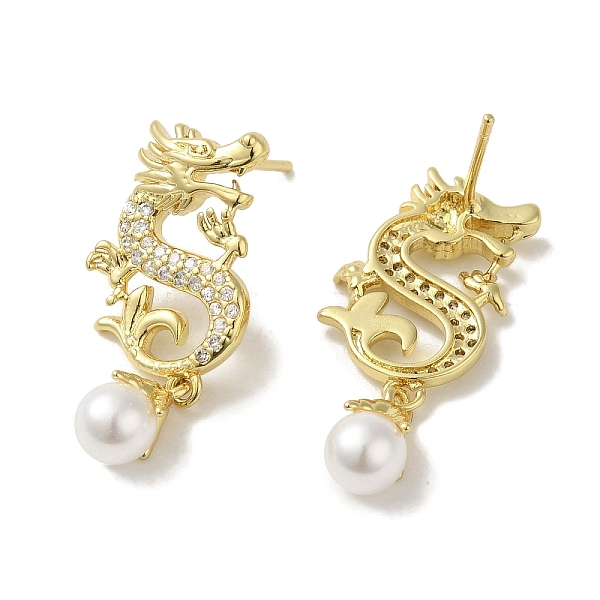 

PandaHall Rack Plating Brass Micro Pave Clear Cubic Zirconia Dragon Hold Glass Pearl Ball Stud Earrings for Women, Cadmium Free & Lead Free...