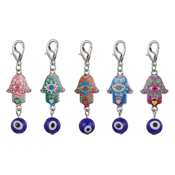 

PandaHall Hamsa Hand with Evil Eye Alloy Enamel & Lampwork Pendant Decorations, with Alloy Lobster Claw Clasps, Platinum, 55mm Alloy+Enamel..., Multicolor