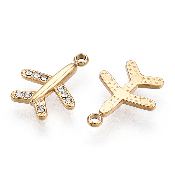

PandaHall 304 Stainless Steel Charms, Manual Polishing, with Rhinestone, Airplane Charm, Real 14K Gold Plated, 14x11x2mm, Hole: 1.4mm..., Clear