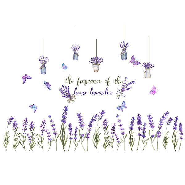 PandaHall PVC Wall Stickers, for Wall Decoration, Butterfly Lavender Flower Pattern & Word the frangrance of the, Lilac, 390x900mm