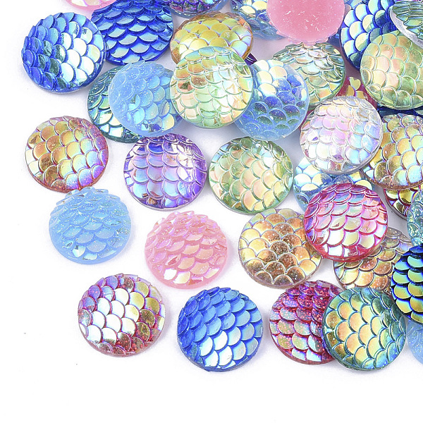 PandaHall Resin Cabochons, AB Color Plated, Flat Round with Mermaid Fish Scale Pattern, Mixed Color, 12x3.5mm Resin Flat Round Multicolor