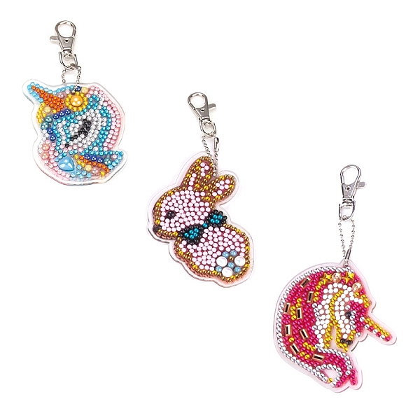 PandaHall Acrylic Diamond Unicorn & Rabbit Pendant Keychain Kits, with Iron Findings, including Point Drill Plate, Point Drill Mud, Point...