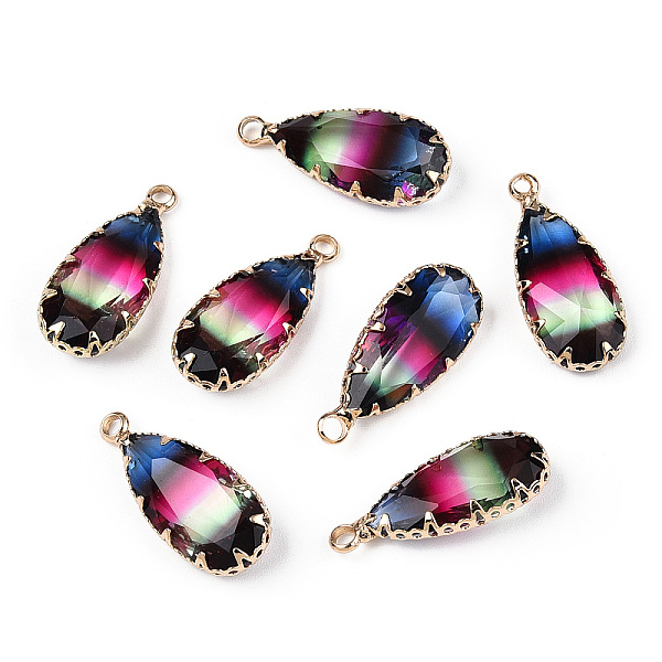 

PandaHall Rainbow Glass Pendants, with Brass Findings, Faceted, Teardrop, Golden, Colorful, 24x10.5x6mm, Hole: 1.5mm Brass+Glass Teardrop