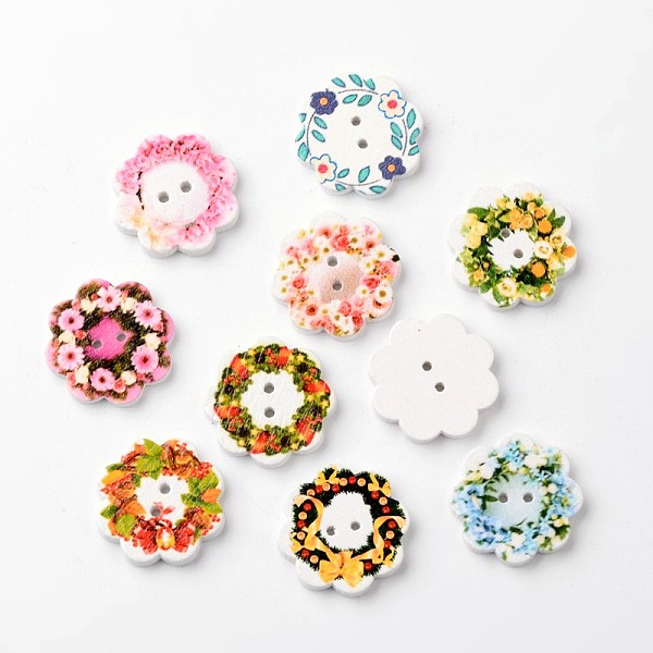 

PandaHall Flower 2-Hole Wooden Buttons, Mixed Color, 19x3mm, Hole: 1mm Wood Flower Multicolor