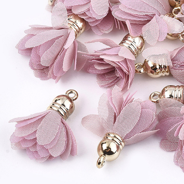 

PandaHall Chiffon Pendants, with CCB Plastic, Two Tone, Flower, Golden, Flamingo, 30~35x25~32mm, Hole: 1.6mm Cloth Flower Pink