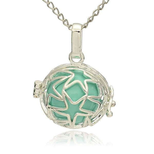 

PandaHall Silver Color Plated Brass Hollow Round Cage Pendants, with No Hole Spray Painted Brass Ball Beads, Medium Turquoise, 23x24x18mm...