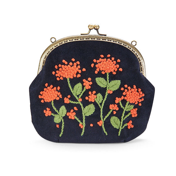 PandaHall SHEGRACE Corduroy Women Evening Bag, with Embroidered Milk Cotton Flowers, Alloy Flower Purse Frame Handle, Alloy Twisted Curb...