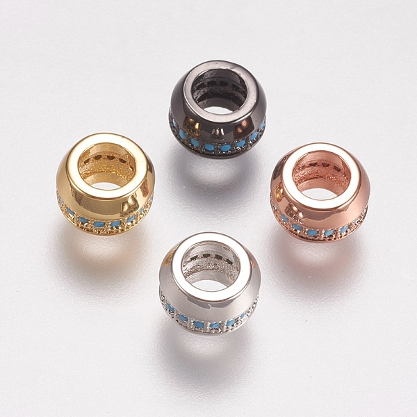 

PandaHall Brass Micro Pave Cubic Zirconia European Beads, Large Hole Beads, Flat Round, Deep Sky Blue, Mixed Color, 7.5x5.5mm, Hole: 4mm...