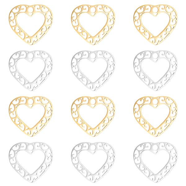 

PandaHall DICOSMETIC 12Pcs 2 Colors 201 Stainless Steel Pendants, Filigree Joiners Findings, Laser Cut, Heart, Golden & Stainless Steel...