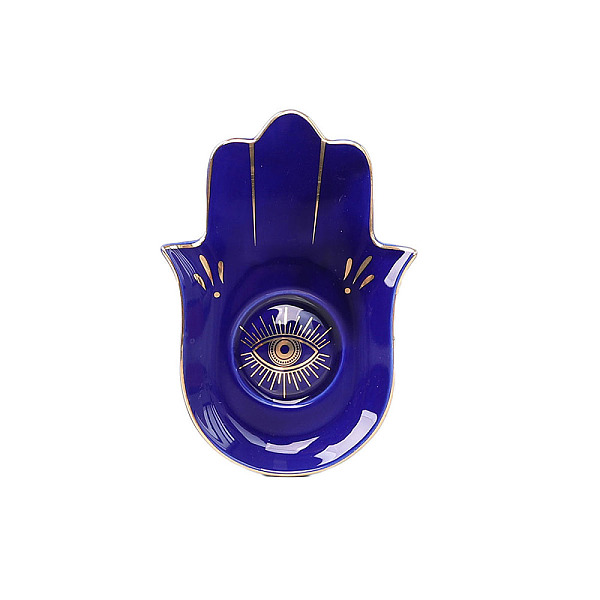 

PandaHall Porcelain Jewelry Plates, Hamsa Hand Shape Evil Eye Pattern Tray, Dark Blue, 170x115mm Porcelain Hamsa Hand