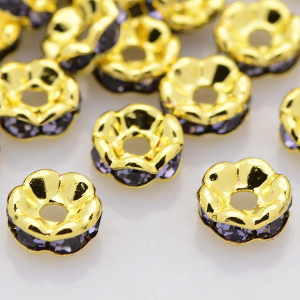 

PandaHall Brass Rhinestone Spacer Beads, Grade A, Wavy Edge, Golden Metal Color, Rondelle, Tanzanite, 6x3mm, Hole: 1mm Brass+Rhinestone..., Purple