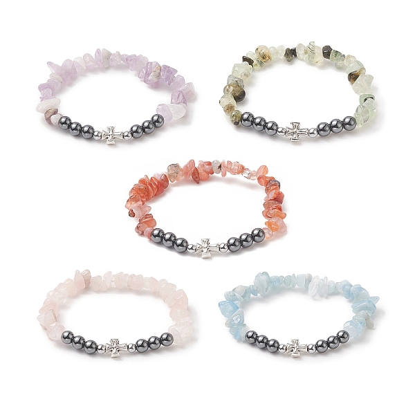 

PandaHall Natural Mixed Gemstone Chips & Synthetic Hematite & Alloy Cross Beaded Stretch Bracelet for Women, Inner Diameter: 2 inch(5.1cm)...