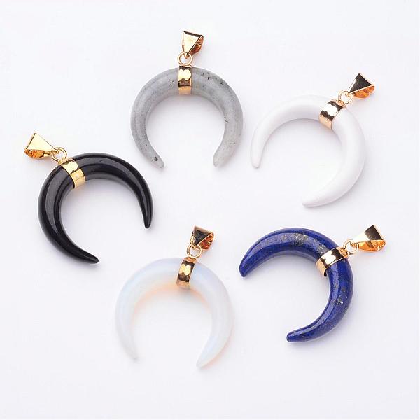 

PandaHall Natural & Synthetic Gemstone Pendants, with Golden Tone Brass Findings, Double Horn/Crescent Moon, 35x32x10mm, Hole: 4.5x8mm Mixed...
