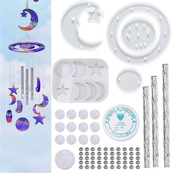 

PandaHall DIY Moon & Star Wind Chime Making Kits, including Molds, Plastic Beads, Brass Crimp Beads, Elastic Crystal Thread, Iron Tubes..., White