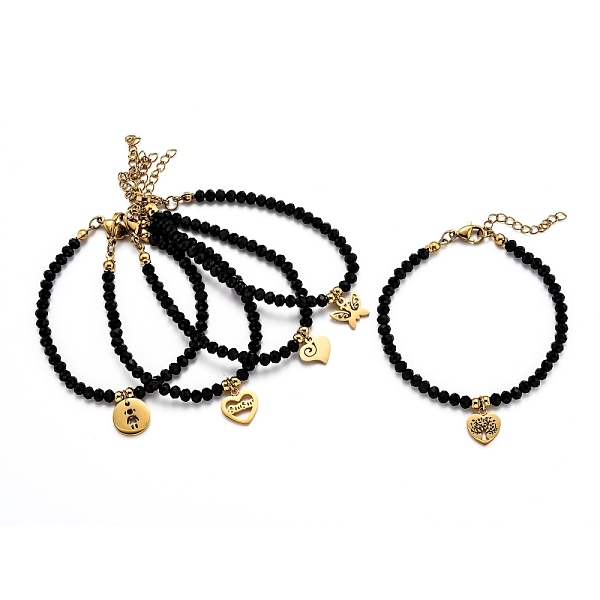

PandaHall 304 Stainless Steel Charm Bracelets, with Rondelle Glass Beads, Faceted, Mixed Shapes, Black, Golden, 6-7/8 inch(17.6cm) Glass...
