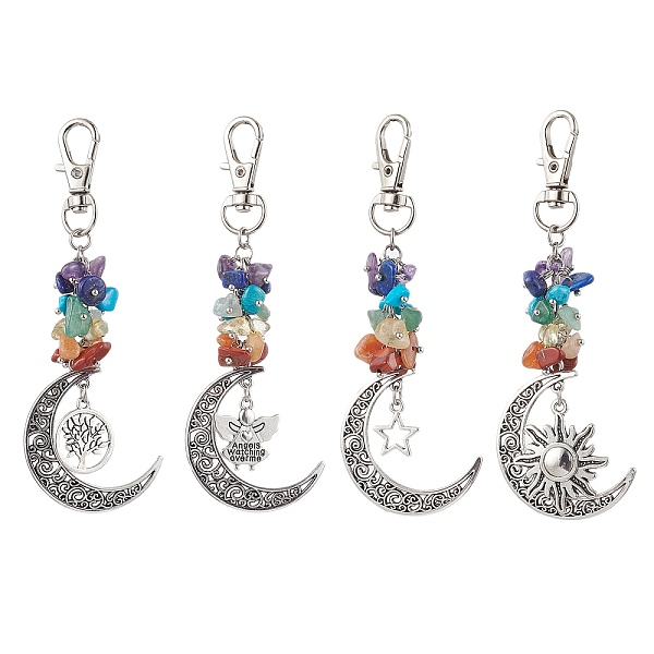 

PandaHall Natural & Synthetic Mixed Gemstone Chip Pendant Decorations, with Alloy Pendants and Swivel Clasps, Moon, Mixed Shapes, 113mm...