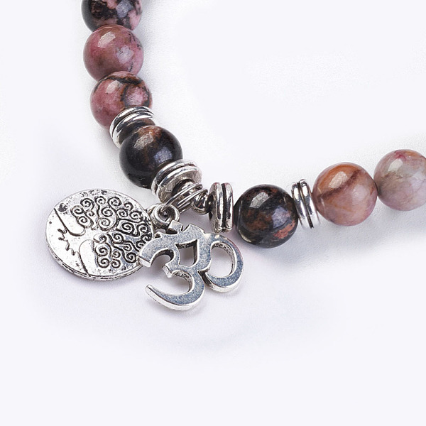 

PandaHall Natural Rhodonite Wrap Bracelets, with Alloy Finding, Om Symbol and Tree of Life, 36.22 inch~39.37 inch(92~100cm) Rhodonite