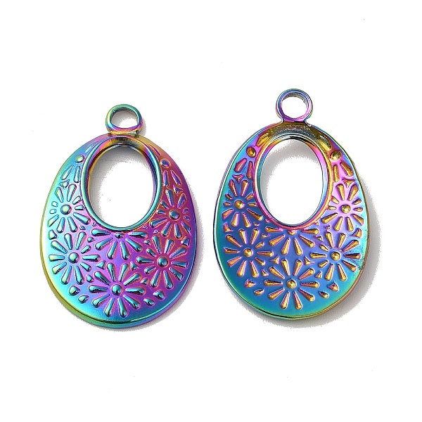 

PandaHall Ion Plating(IP) 304 Stainless Steel Pendant, Oval with Flower Charm, Rainbow Color, 26x17x2.5mm, Hole: 3mm 304 Stainless Steel...