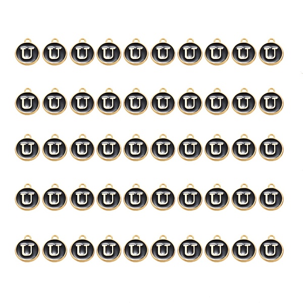 

PandaHall Golden Plated Alloy Charms, with Enamel, Enamelled Sequins, Flat Round, Black, Letter.U, 14x12x2mm, Hole: 1.5mm, 50pcs/Box...