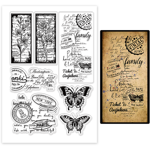 PandaHall GLOBLELAND Vintage Flower Frame and Text Background Transparent Clear Stamps Butterflies Roses Embossing Stamp Sheets Silicone...