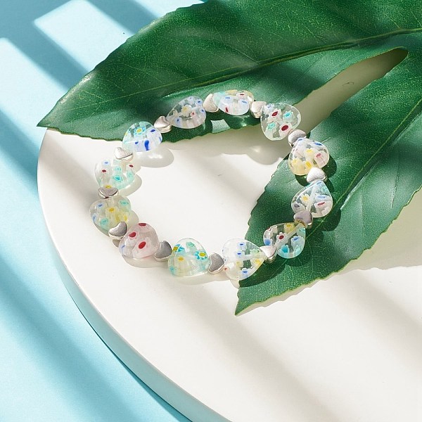 

PandaHall Handmade Millefiori Lampwork & Alloy Heart Beaded Stretch Bracelet, Flower Bracelet for Women, White, Inner Diameter: 1-7/8 inch...