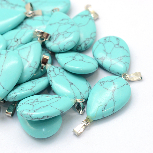 

PandaHall Teardrop Dyed Synthetic Turquoise Pendants, with Platinum Tone Brass Findings, 25~29x16~17x5~6mm, Hole: 2x7mm Synthetic Turquoise...