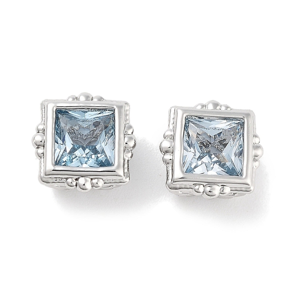 

PandaHall Brass Micro with Single Light Sky Blue Zirconia Beads, Square, Platinum, 8x8x5mm, Hole: 1.8mm Brass+Cubic Zirconia Square