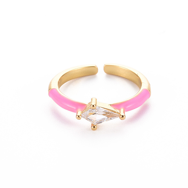 

PandaHall Brass Enamel Cuff Rings, Open Rings, Solitaire Rings, with Clear Cubic Zirconia, Nickel Free, Rhombus, Golden, Pearl Pink, US Size...