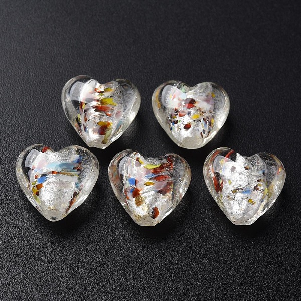 

PandaHall Handmade Lampwork Silver Foil Glass Beads, Heart, Clear, 15~16x15.5x9~10mm, Hole: 1.2mm Silver Foil Heart Clear