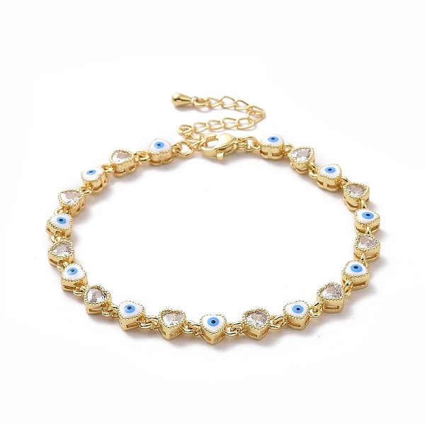 

PandaHall Enamel Evil Eye & Cubic Zirconia Heart Link Chain Bracelet, Golden Brass Jewelry for Women, White, 7-1/8 inch(18.2cm) Cubic...