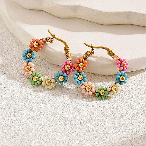 

PandaHall Flower Garland Braided Beaded Stainless Steel Hoop Earrings, Real 18K Gold Plated Jewelry for Women, Colorful, 30x30mm Stainless...