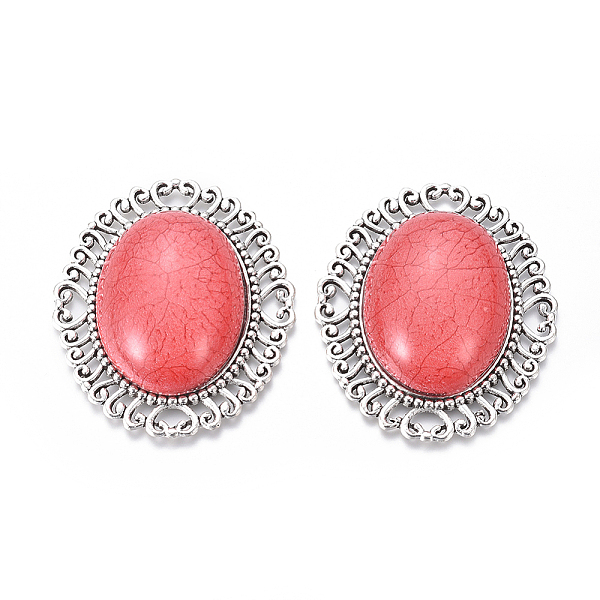 

PandaHall Resin Cabochons, with Tibetan Style Antique Silver Plated Alloy Findings, Oval, Salmon, 56x47x10mm Resin Oval Red