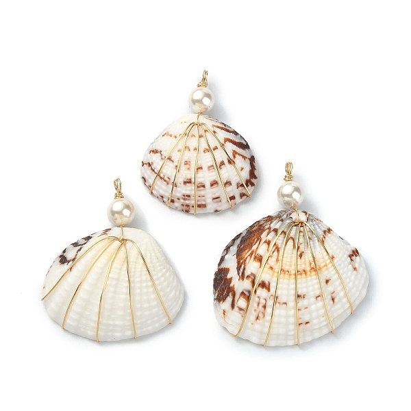 

PandaHall Natural Shell Copper Wire Wrapped Pendants, Shell Shaped Charms with Round Shell Pearl Beads, Light Gold, Coconut Brown...