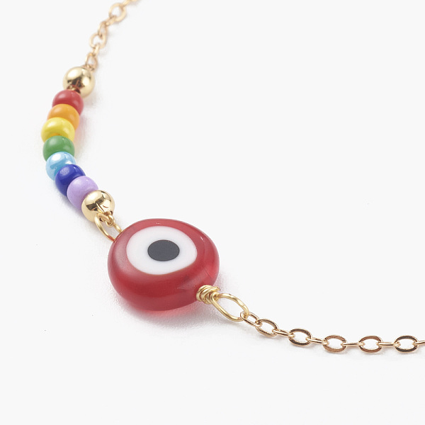 

PandaHall Evil Eye Lampwork Beaded Bracelets, with Round Glass Seed Beads and Brass Cable Chains, Golden, Red, 7-1/4 inch(18.5cm) Glass Evil...