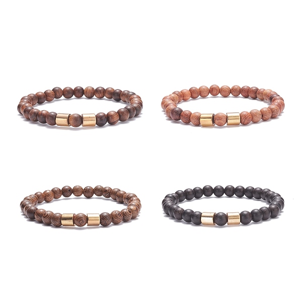 Natural Wood Round Beaded Stretch Bracelet With Synthetic Hematite For Men Women