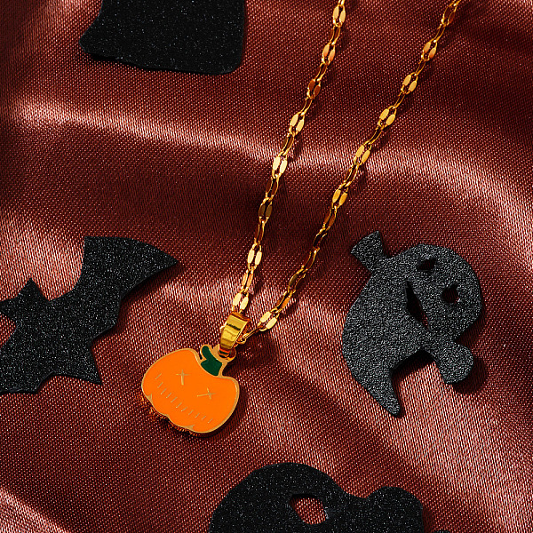 Collar Con Colgante De Calabaza De Halloween Esmaltado De Acero Inoxidable Con Cadena Adornada