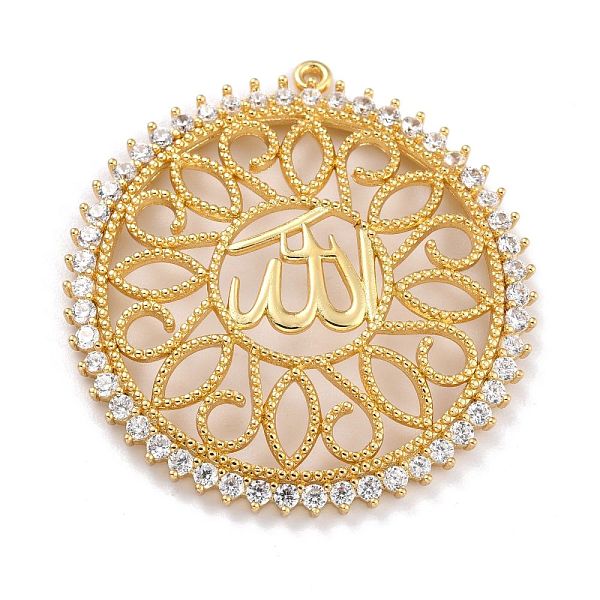 

PandaHall Brass Micro Pave Clear Cubic Zirconia Pendants, Long-Lasting Plated, Flat Round with Allah, Golden, 41x39x3mm, Hole: 1.3mm...