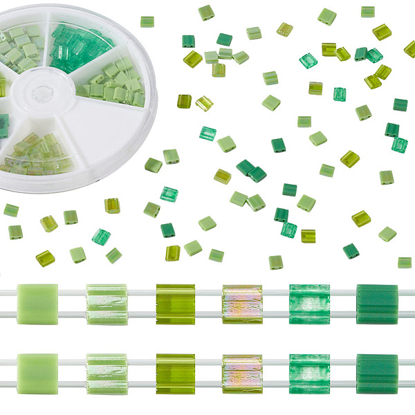 PandaHall CREATCABIN 240Pcs 6 Colors Transparent & Opaque 2-Hole Glass Seed Beads, AB Colours, Rectangle, Green, 5x4.5~5.5x2~2.5mm, Hole...