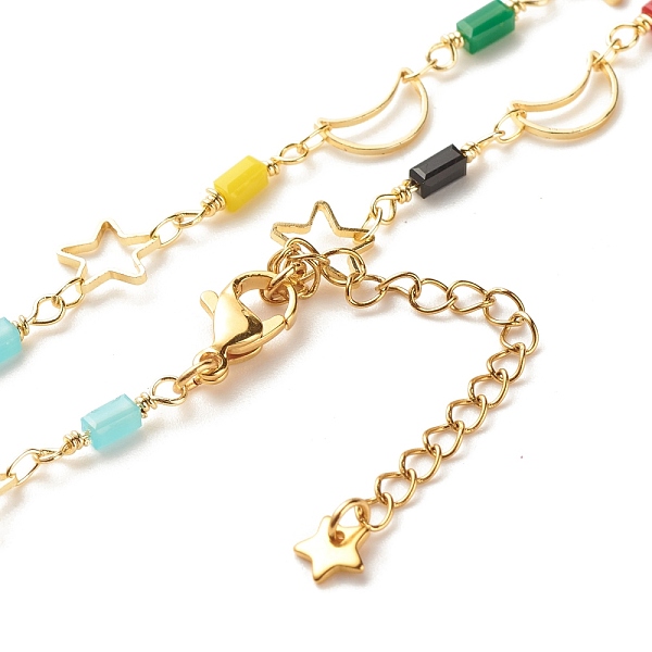 

PandaHall Brass Star & Moon Link Chain Necklace with Glass Beads, Golden, Colorful, 16.14 inch(41cm) Brass
