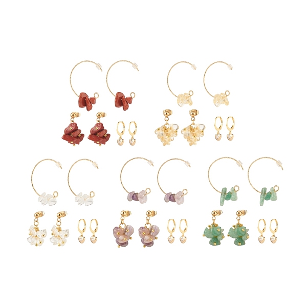 

PandaHall 3 Pairs 3 Style Natural Gemstone Chips Beaded Cluster Dangle Stud & Leverback Earrings, Brass Half Hoop Earrings for Women, Golden...