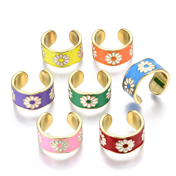 

PandaHall Brass Enamel Cuff Rings, Open Rings, Nickel Free, Flower, Golden, Mixed Color, US Size 7 1/4(17.5mm) Brass Multicolor