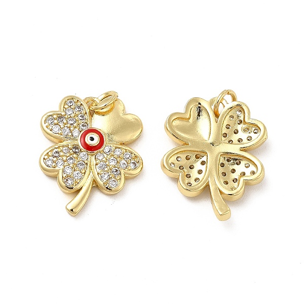 

PandaHall Brass Micro Pave Cubic Zirconia Pendants, with Enamel Evil Eye & Jump Ring, Clover Charm, Golden, Red, 20.5x16.5x3.8mm, Hole...